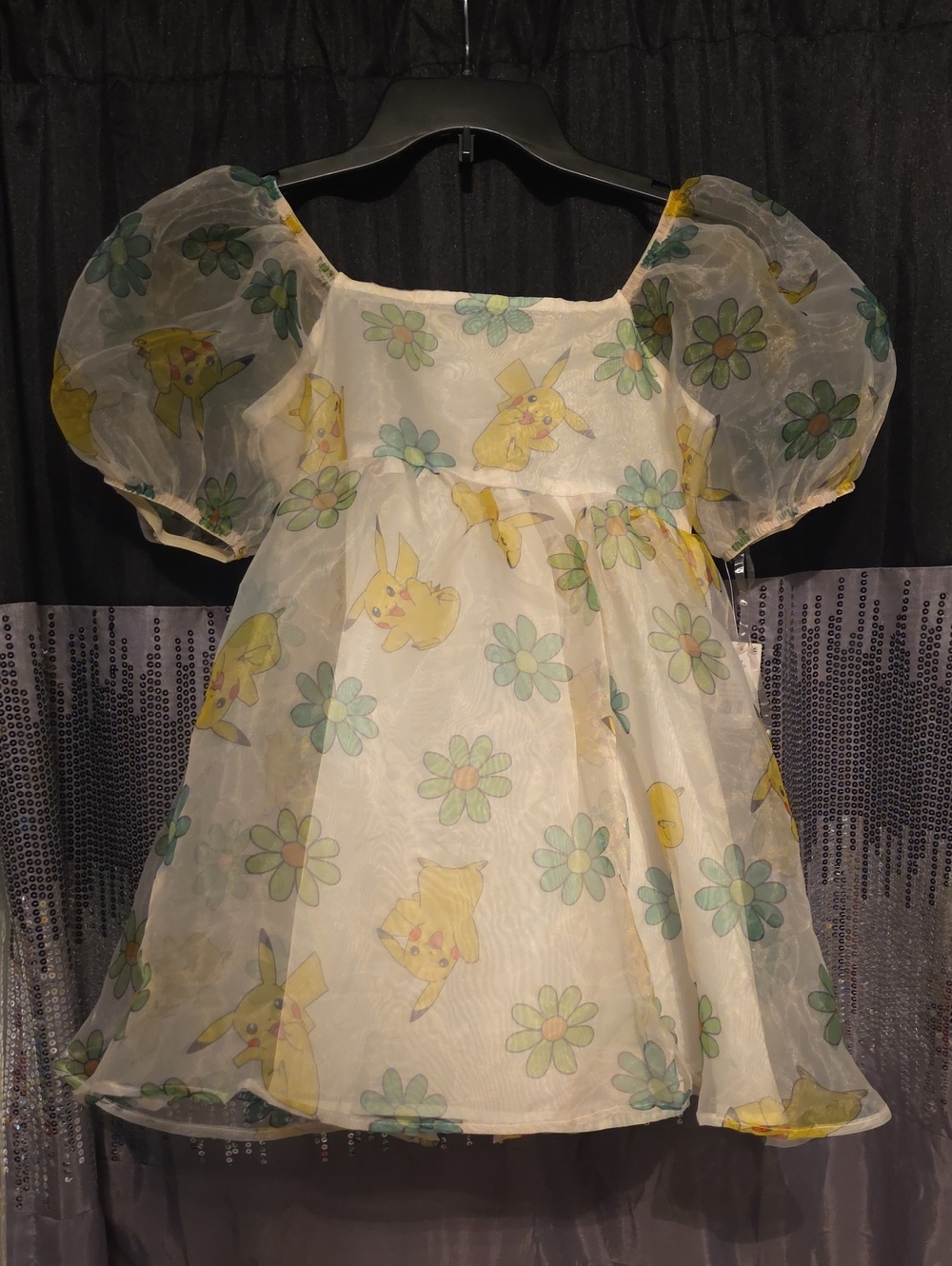 Pokemon White and Yellow Pikachu Floral Puff-Sleeve Dress